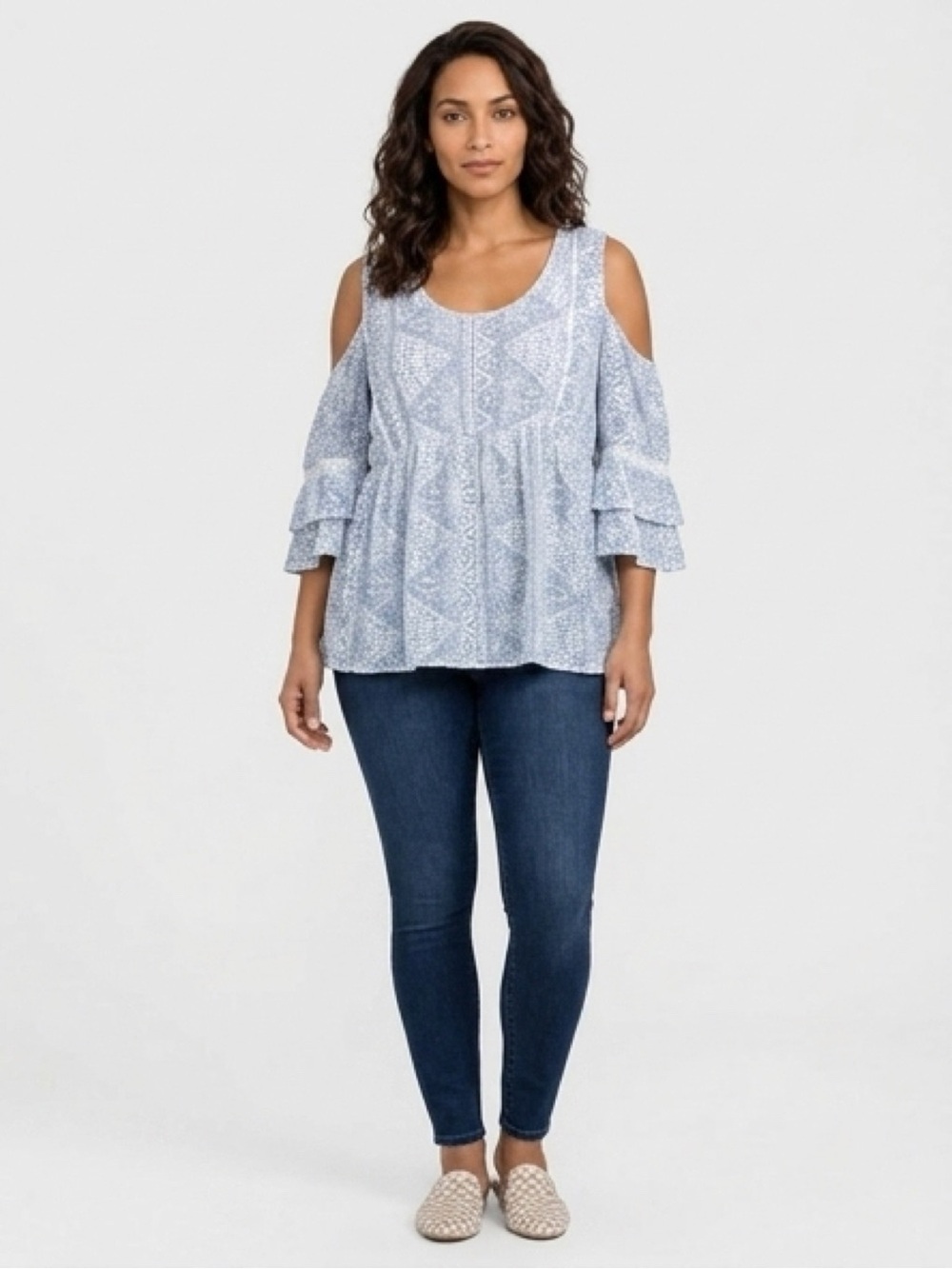 torrid Blue Printed Cold-Shoulder Peplum Top